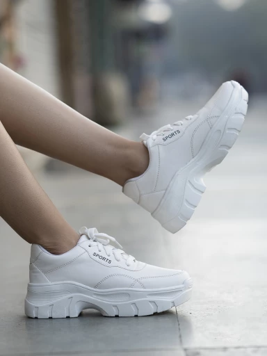 Shoetopia Lace-up Detail White Chunky Sneakers For Women & Girls