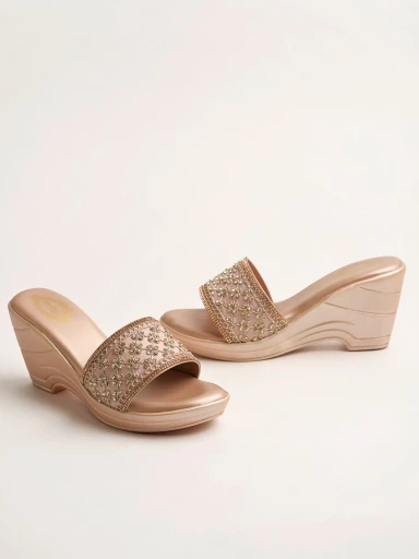 Shoetopia Embellished Sequence Detailed Golden Wedges For Women & Girls