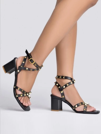 Shoetopia Gold-Toned Rockstuds Strappy Black Block Heels For Women & Girls