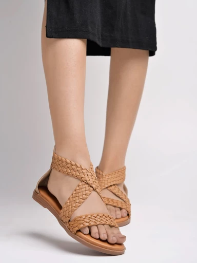 Shoetopia Braided Upper Wrap Strap Tan Flat Sandals For Women & Girls