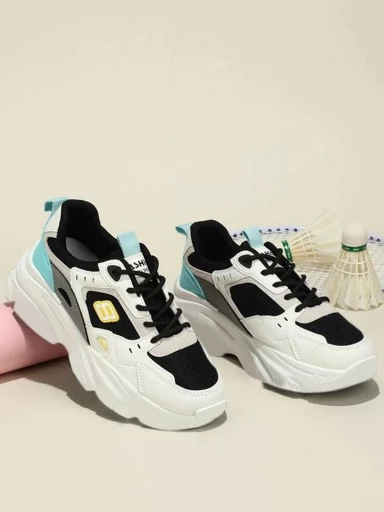 Shoetopia Colorblock Breathable Black Chunky Sneakers For Women & Girls