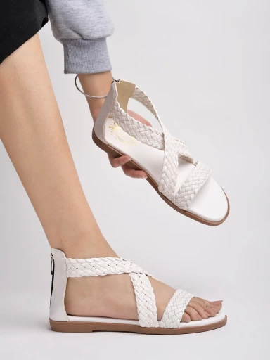 Shoetopia Braided Upper Wrap Strap White Flat Sandals For Women & Girls