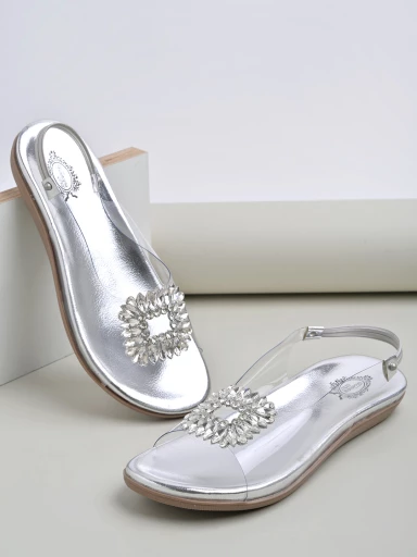 Shoetopia Embellished Silver Flat Sandals For Women & Girls