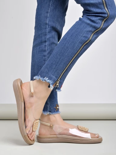 Shoetopia Embellished Golden Flat Sandals For Women & Girls