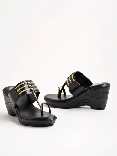 Shoetopia Embellished Sequence Detailed Black Wedges For Women & Girls