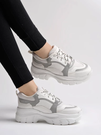 Shoetopia Lace-up Detail Grey Chunky Sneakers For Women & Girls