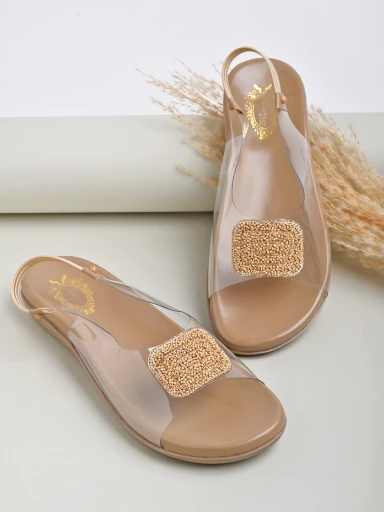Shoetopia Embellished Golden Flat Sandals For Women & Girls