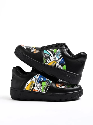 Shoetopia Lace-up Printed Detail Black Sneakers For Women & Girls