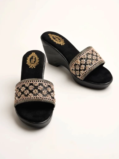 Shoetopia Embellished Sequence Detailed Black Wedges For Women & Girls