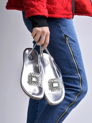 Shoetopia Embellished Silver Flat Sandals For Women & Girls