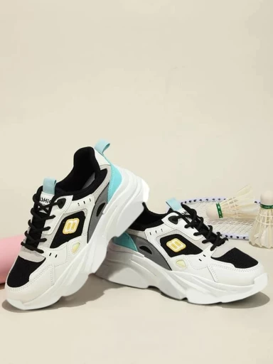 Shoetopia Colorblock Breathable Black Chunky Sneakers For Women & Girls