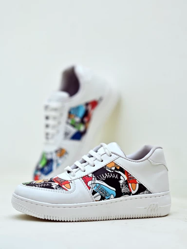 Shoetopia Lace-up Printed Detail White Sneakers For Women & Girls