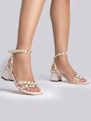 Shoetopia Gold-Toned Rockstuds Strappy Cream Block Heels For Women & Girls