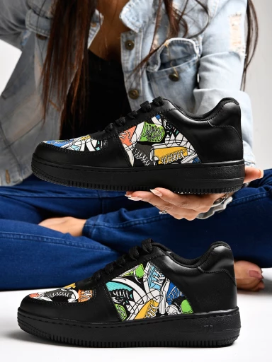 Shoetopia Lace-up Printed Detail Black Sneakers For Women & Girls
