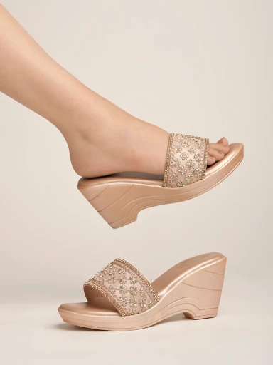 Shoetopia Embellished Sequence Detailed Golden Wedges For Women & Girls