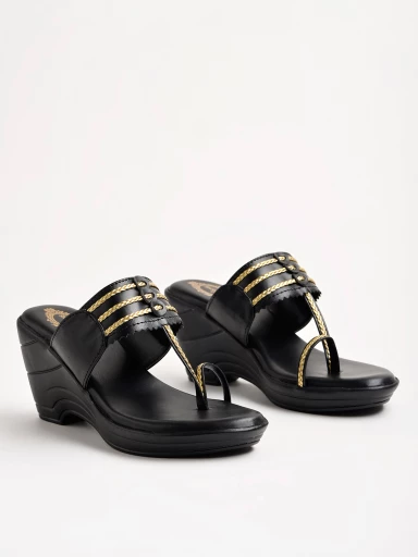 Shoetopia Embellished Sequence Detailed Black Wedges For Women & Girls