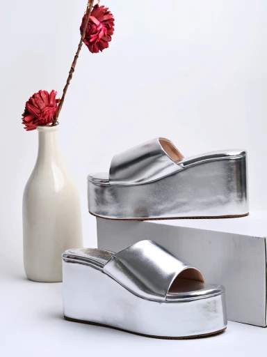 Shoetopia Fashionable Solid Silver Platform Heels For Women & Girls