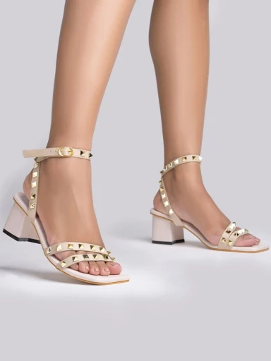 Shoetopia Gold-Toned Rockstuds Strappy Cream Block Heels For Women & Girls