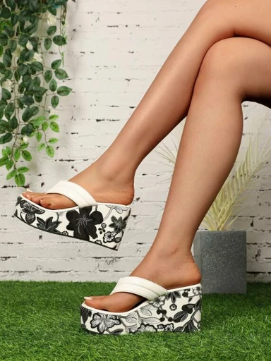 Shoetopia Floral printed heel detailed White Wedges For Women & Girls