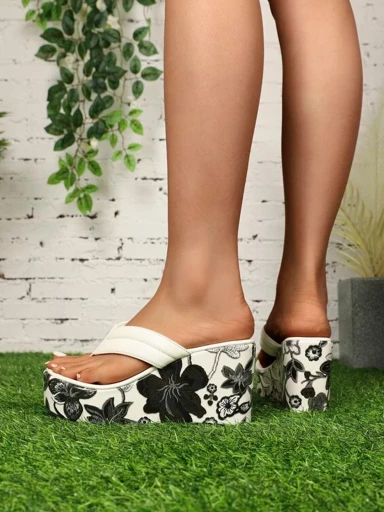 Shoetopia Floral printed heel detailed White Wedges For Women & Girls