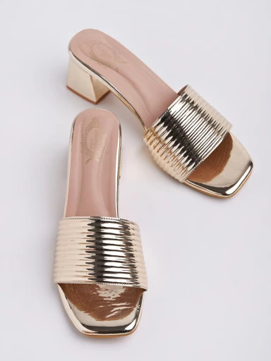 Shoetopia Embellished Golden Block Heels For Women & Girls