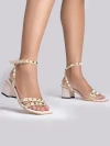 Shoetopia Gold-Toned Rockstuds Strappy Cream Block Heels For Women & Girls